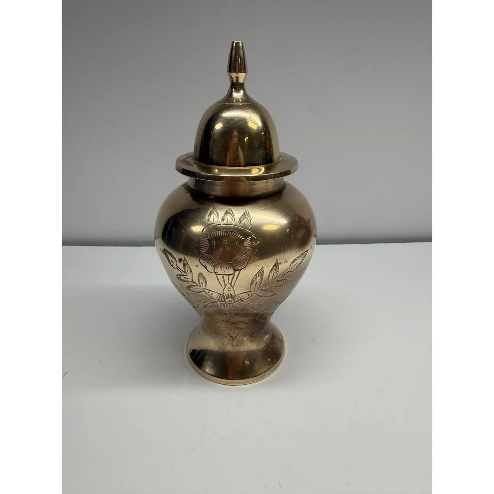 Vintage Etched Brass Ginger Jar with Lid Floral Engraved Urn Made in India 8.5in